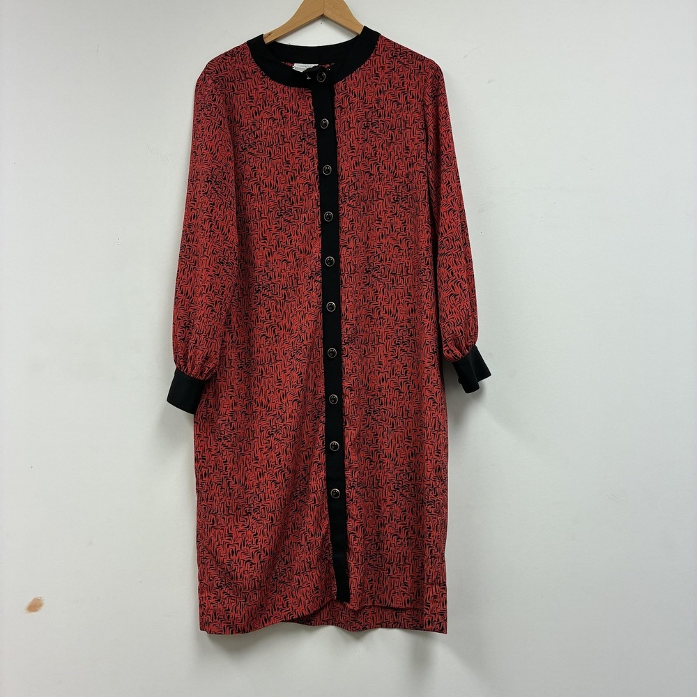 Vintage Brownstone Studio Dress Womens 14 Red Geometric Long Sleeve Shirt Midi